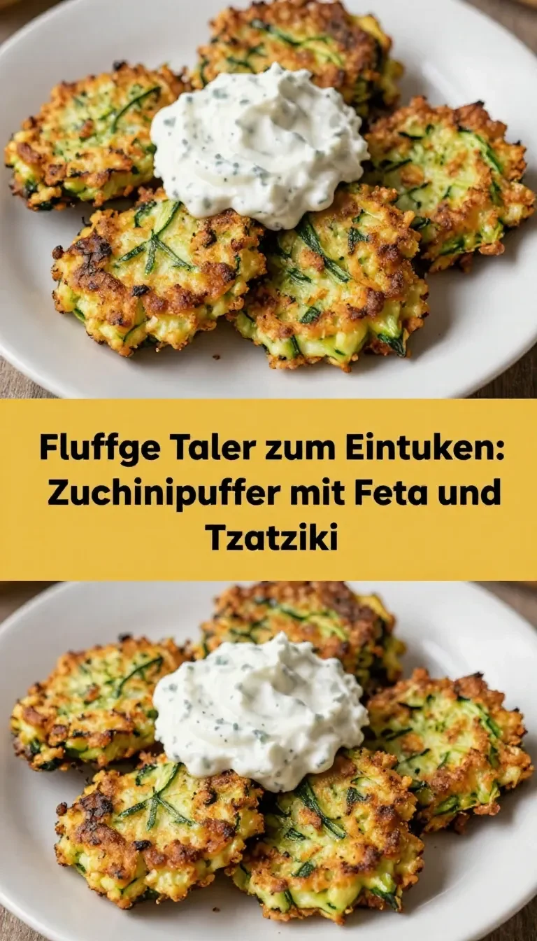 Ein Teller mit fluffigen Zucchinipuffern, serviert mit cremigem Tzatziki und Feta-Stücken.
