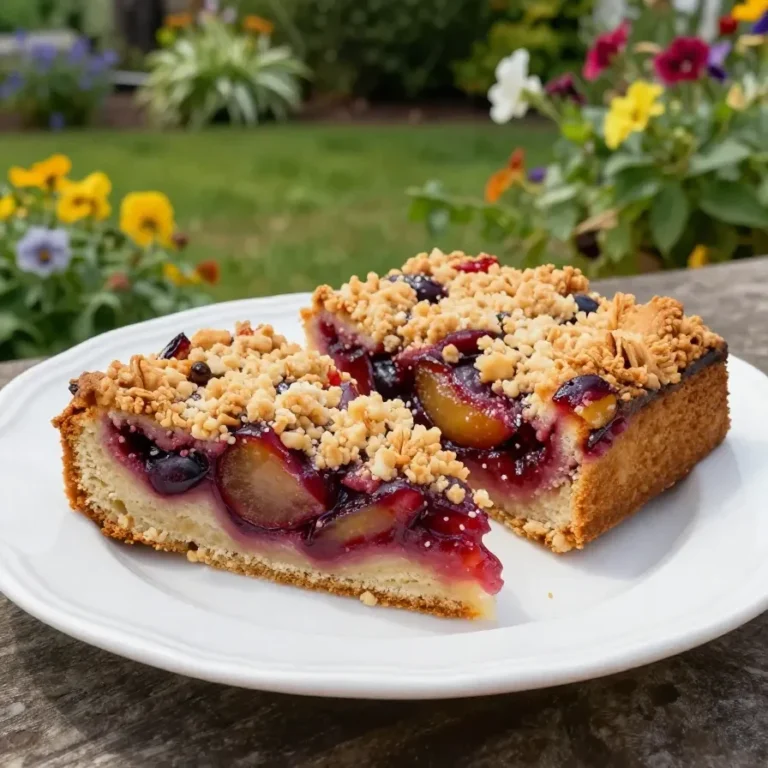 Ein frisch gebackener Pflaumenkuchen mit goldbraunen Streuseln auf einem Holztisch.