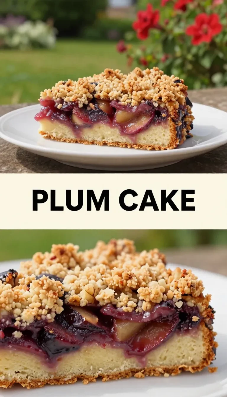 Ein frisch gebackener Pflaumenkuchen mit goldbraunen Streuseln auf einem Holztisch.
