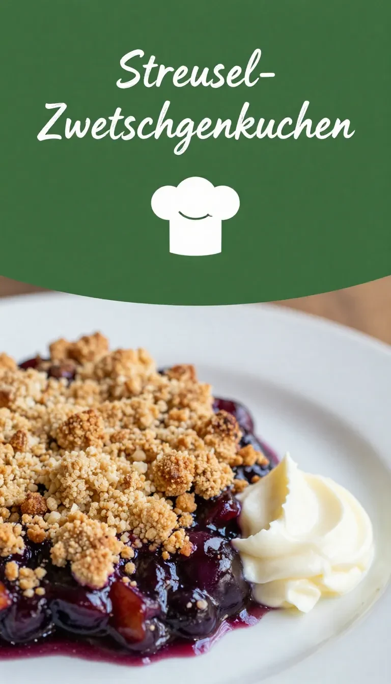 Ein frisch gebackener Streusel-Zwetschgenkuchen mit knusprigem Mürbteig auf einem Holztisch.