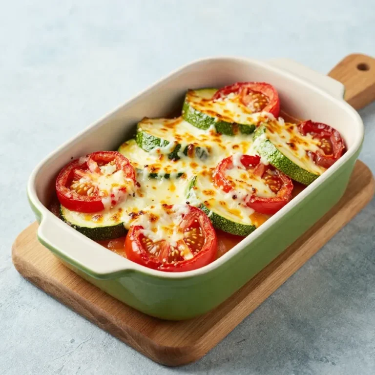 Ein frisch gebackenes Tomaten-Zucchini-Gratin in einer Auflaufform, garniert mit Kräutern.