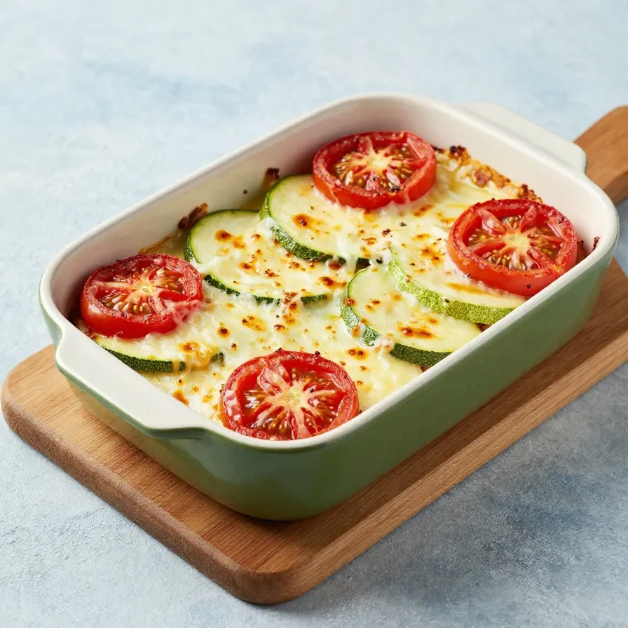 Ein frisch gebackenes Tomaten-Zucchini-Gratin in einer Auflaufform, garniert mit Kräutern.