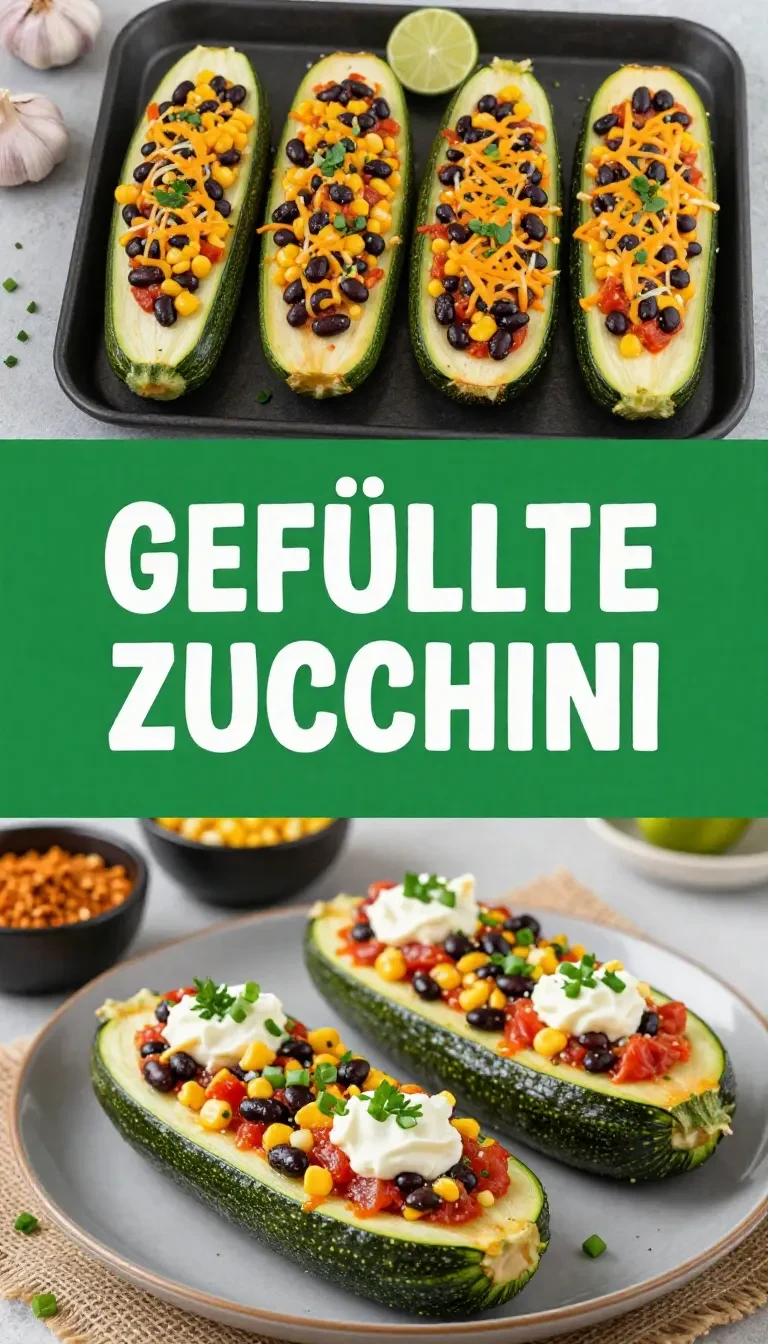 Nahaufnahme von frisch gebackenen gefüllten Zucchini Schiffchen mit Hackfleischfüllung und geschmolzenem Käse auf einem Teller
