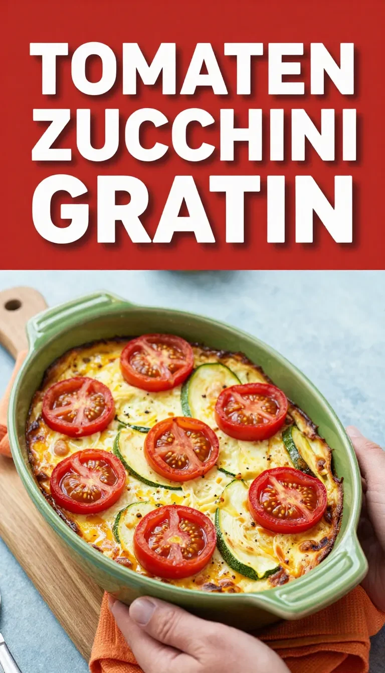 Ein frisch gebackenes Tomaten-Zucchini-Gratin in einer Auflaufform, garniert mit Kräutern.