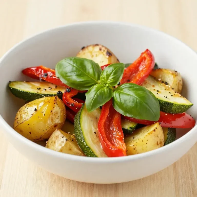 Ein Topf mit Kartoffeln, Paprika und Zucchini, frisch gekocht und dampfend.