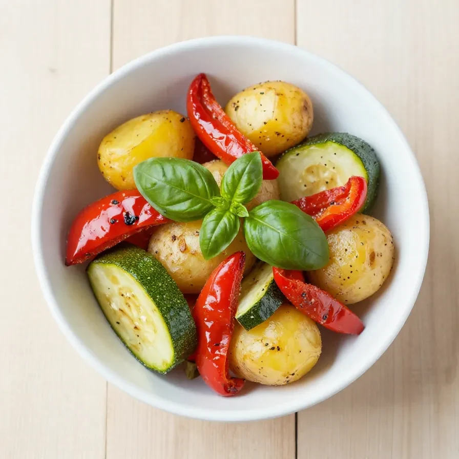 Ein Topf mit Kartoffeln, Paprika und Zucchini, frisch gekocht und dampfend.