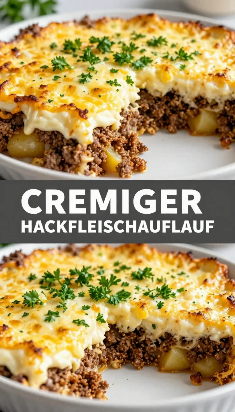 Ein cremiger Hackfleischauflauf mit goldbraun gebackenen Kartoffeln in einer weißen Auflaufform.