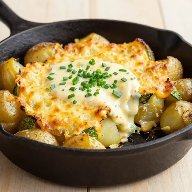 Ein frisch gebackener Kartoffel-Zucchini-Auflauf in einer weißen Auflaufform, dekoriert mit Kräutern.