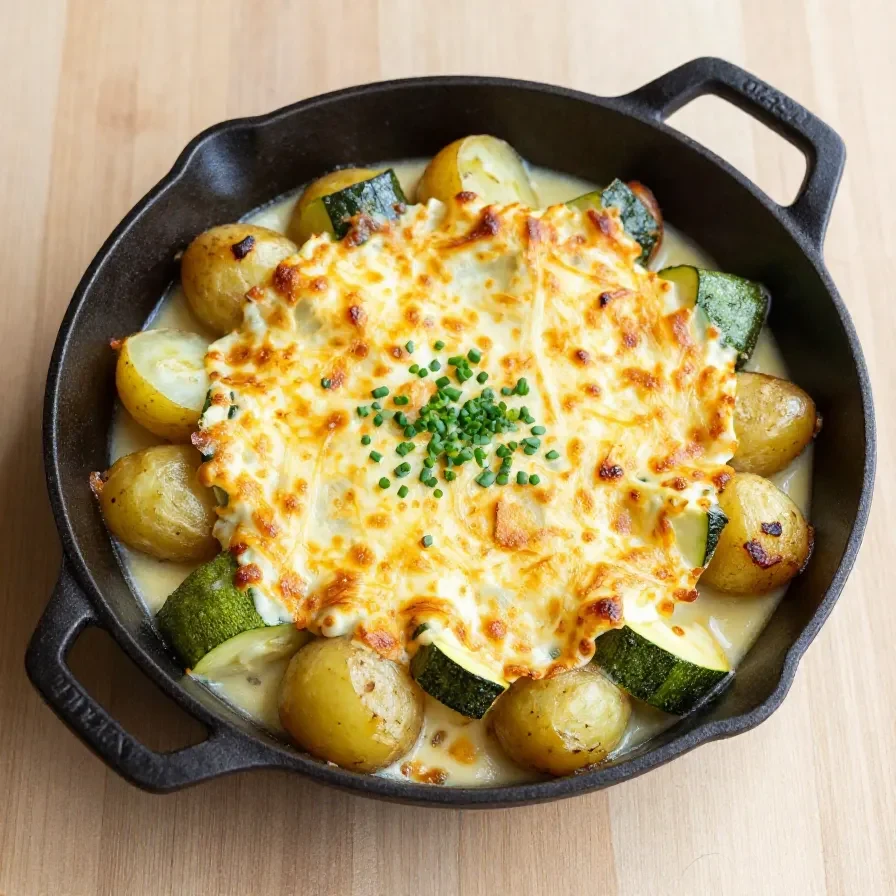 Ein frisch gebackener Kartoffel-Zucchini-Auflauf in einer weißen Auflaufform, dekoriert mit Kräutern.