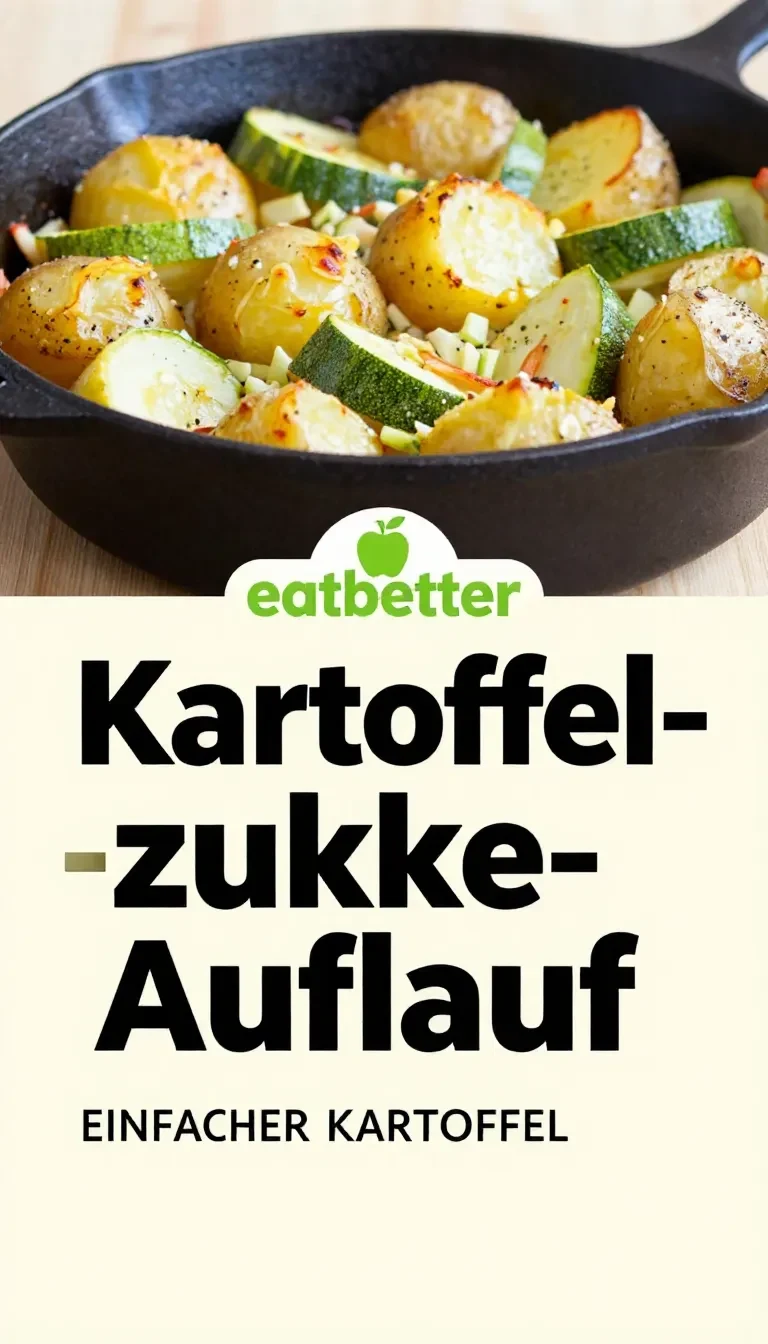 Ein frisch gebackener Kartoffel-Zucchini-Auflauf in einer weißen Auflaufform, dekoriert mit Kräutern.