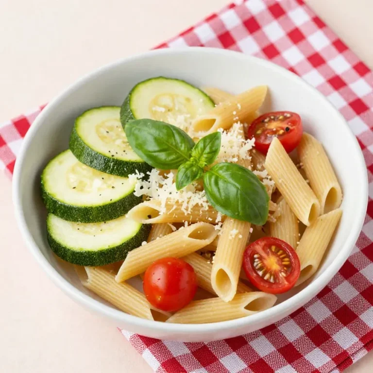 Eine Schüssel mit frischer Tomaten-Zucchini-Pasta, garniert mit frischen Kräutern.
