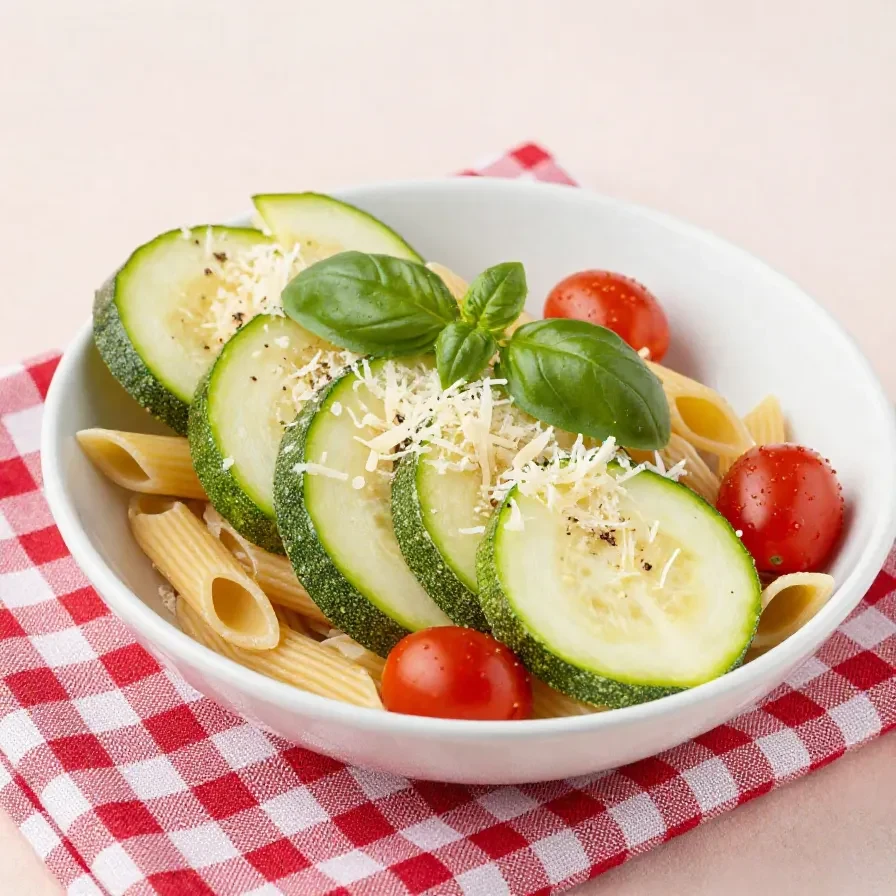 Eine Schüssel mit frischer Tomaten-Zucchini-Pasta, garniert mit frischen Kräutern.