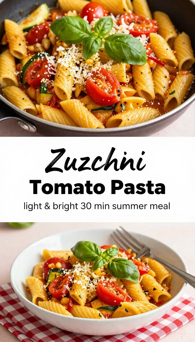 Eine Schüssel mit frischer Tomaten-Zucchini-Pasta, garniert mit frischen Kräutern.