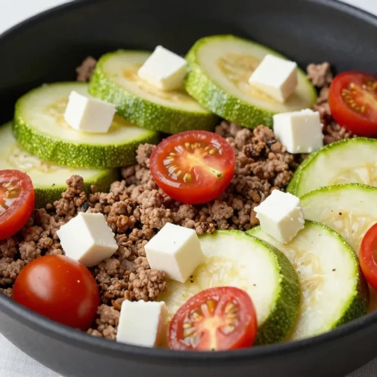 Eine Zucchini-Hackfleisch-Pfanne mit frischen Kräutern, dampfend serviert in einer Pfanne.