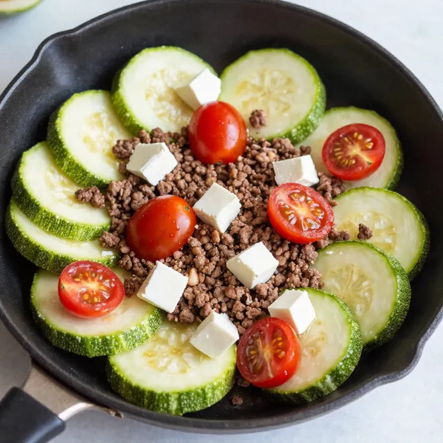 Eine Zucchini-Hackfleisch-Pfanne mit frischen Kräutern, dampfend serviert in einer Pfanne.
