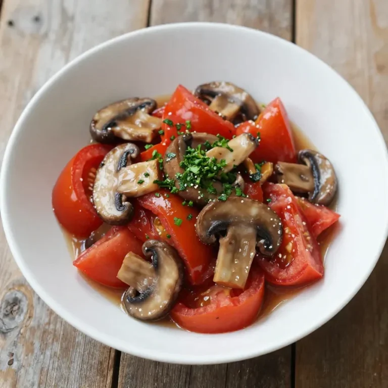Frischer Zucchini-Champignon-Tomatensalat mit Balsamico-Dressing auf einem weißen Teller serviert