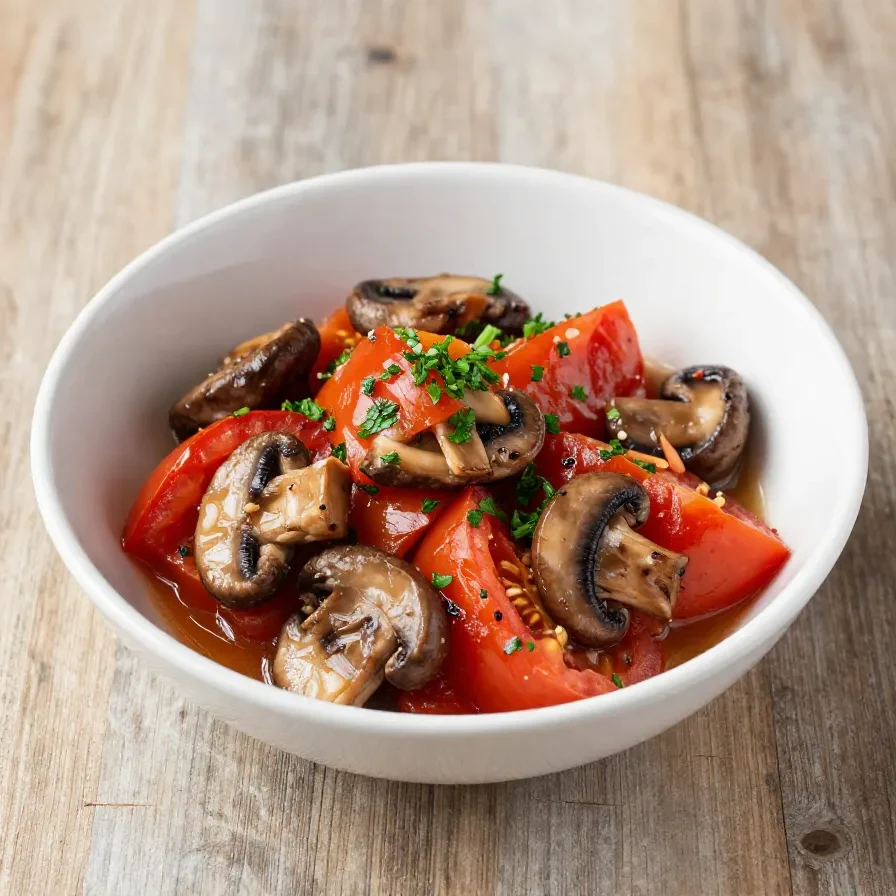 Frischer Zucchini-Champignon-Tomatensalat mit Balsamico-Dressing auf einem weißen Teller serviert