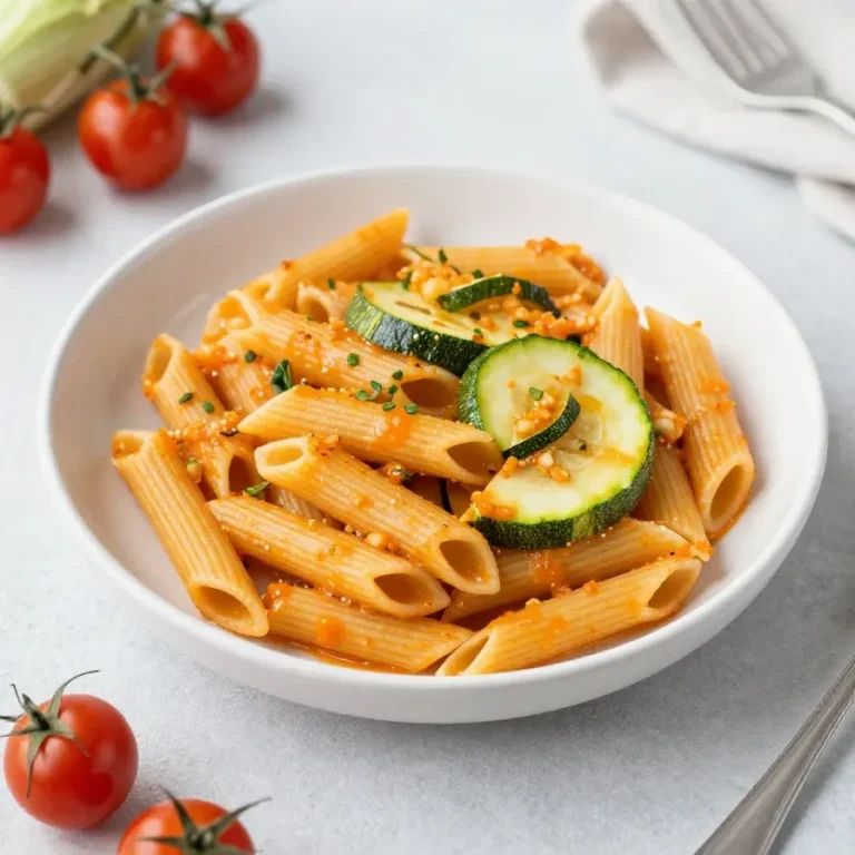 Ein Teller mit schneller Gemüse-Pasta, garniert mit frischen Kräutern.