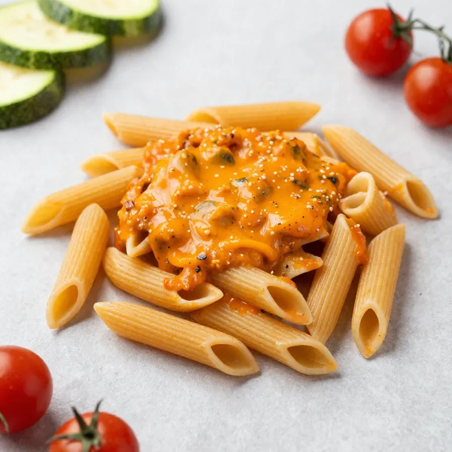 Ein Teller mit schneller Gemüse-Pasta, garniert mit frischen Kräutern.