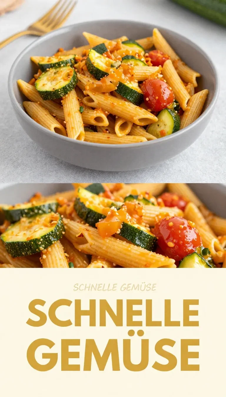 Ein Teller mit schneller Gemüse-Pasta, garniert mit frischen Kräutern.