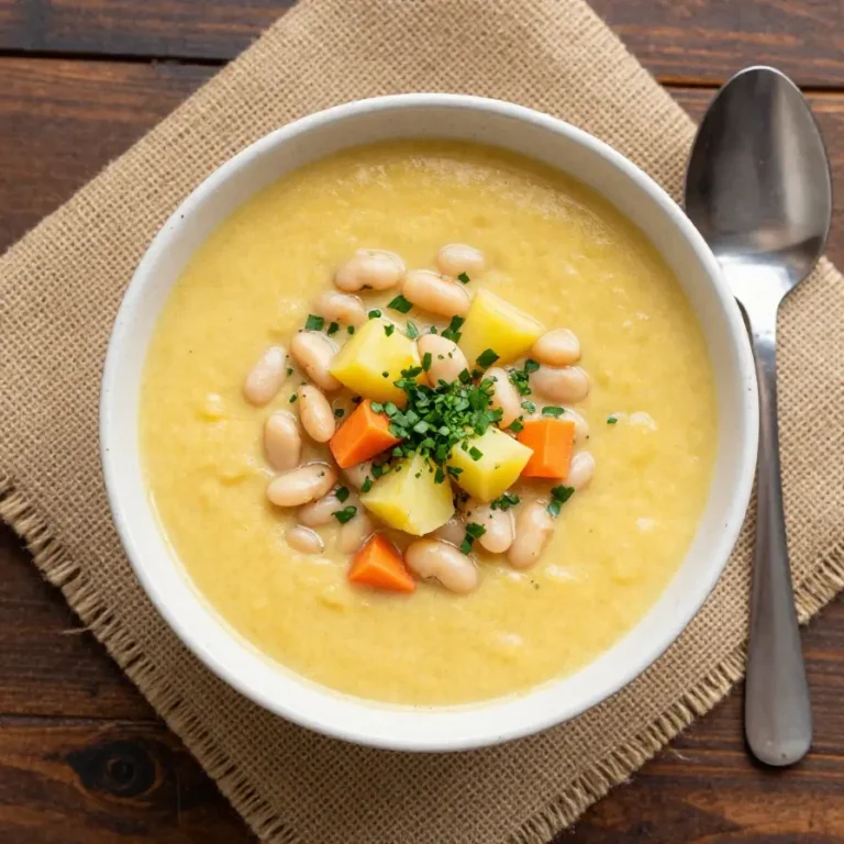 Eine Schüssel cremiger veganer Weiße-Bohnen-Suppe mit Kartoffeln, garniert mit frischen Kräutern und Pfeffer auf einem Holztisch.