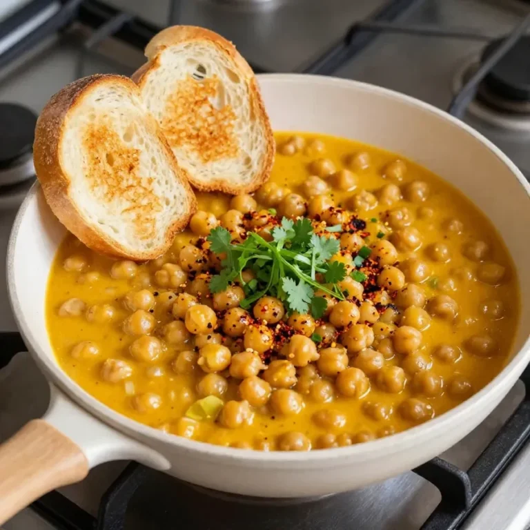 Ein Teller mit cremigen Kichererbsen, serviert als veganes Abendessen.