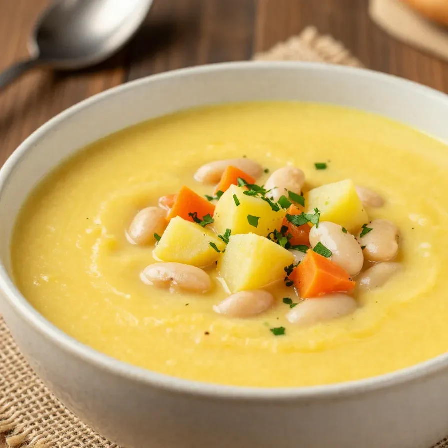 Eine Schüssel cremiger veganer Weiße-Bohnen-Suppe mit Kartoffeln, garniert mit frischen Kräutern und Pfeffer auf einem Holztisch.