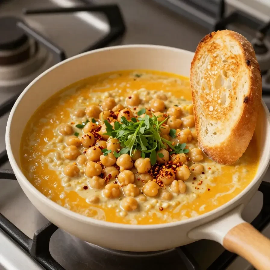 Ein Teller mit cremigen Kichererbsen, serviert als veganes Abendessen.
