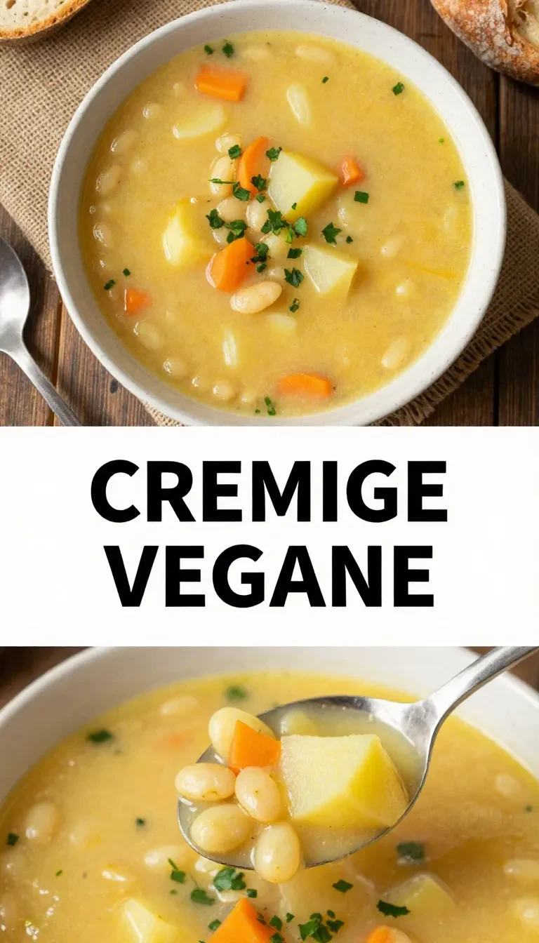 Eine Schüssel cremiger veganer Weiße-Bohnen-Suppe mit Kartoffeln, garniert mit frischen Kräutern und Pfeffer auf einem Holztisch.