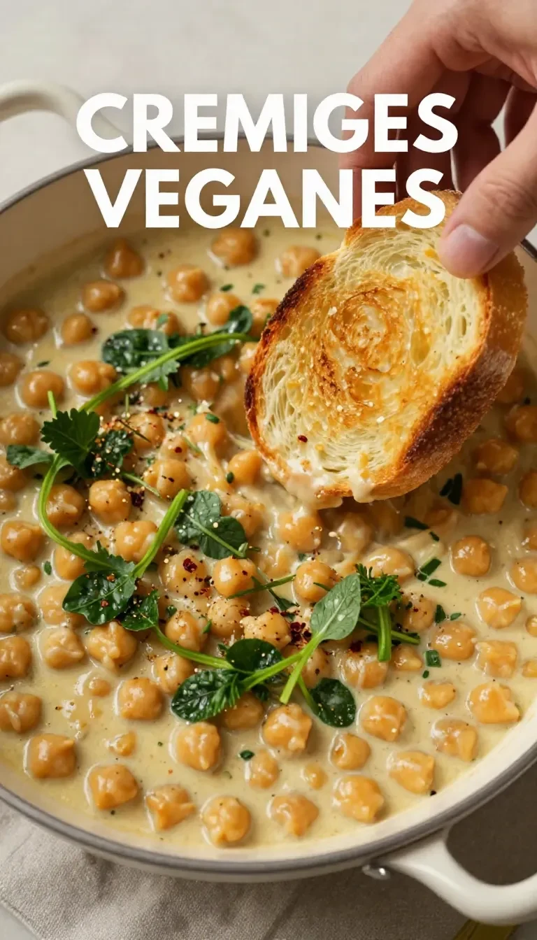 Ein Teller mit cremigen Kichererbsen, serviert als veganes Abendessen.