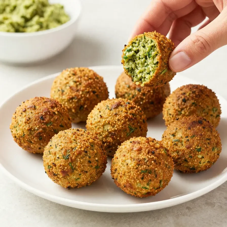 Frisch zubereitete Falafel aus der Heißluftfritteuse auf einem Teller mit Beilagen