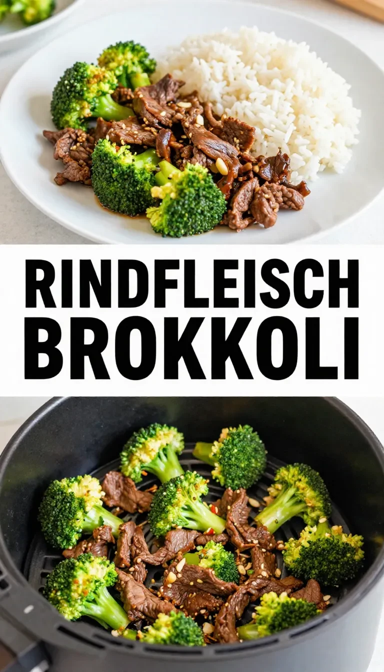 Rindfleisch und Brokkoli auf einem Teller, zubereitet in einer Heißluftfritteuse
