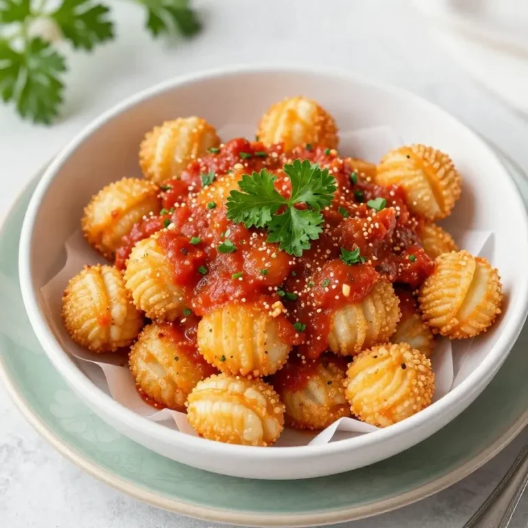 Knusprige Gnocchi aus der Heißluftfritteuse auf einem weißen Teller serviert.