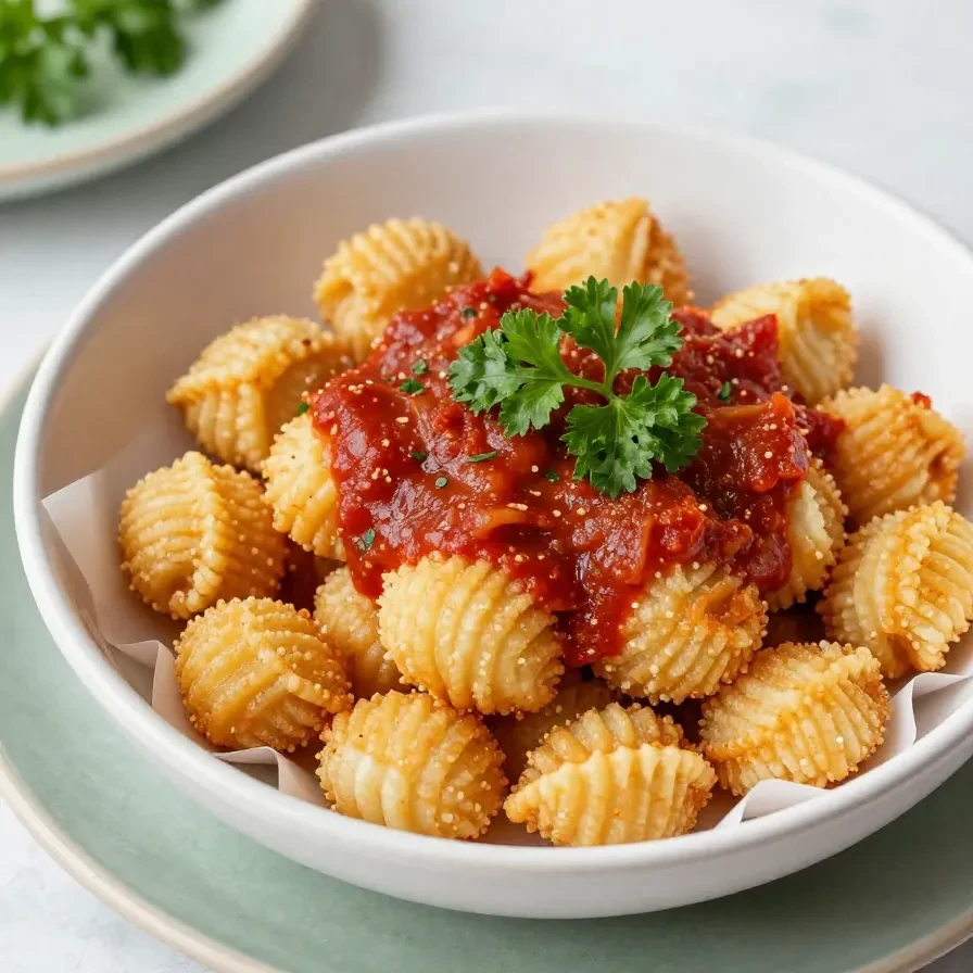 Knusprige Gnocchi aus der Heißluftfritteuse auf einem weißen Teller serviert.