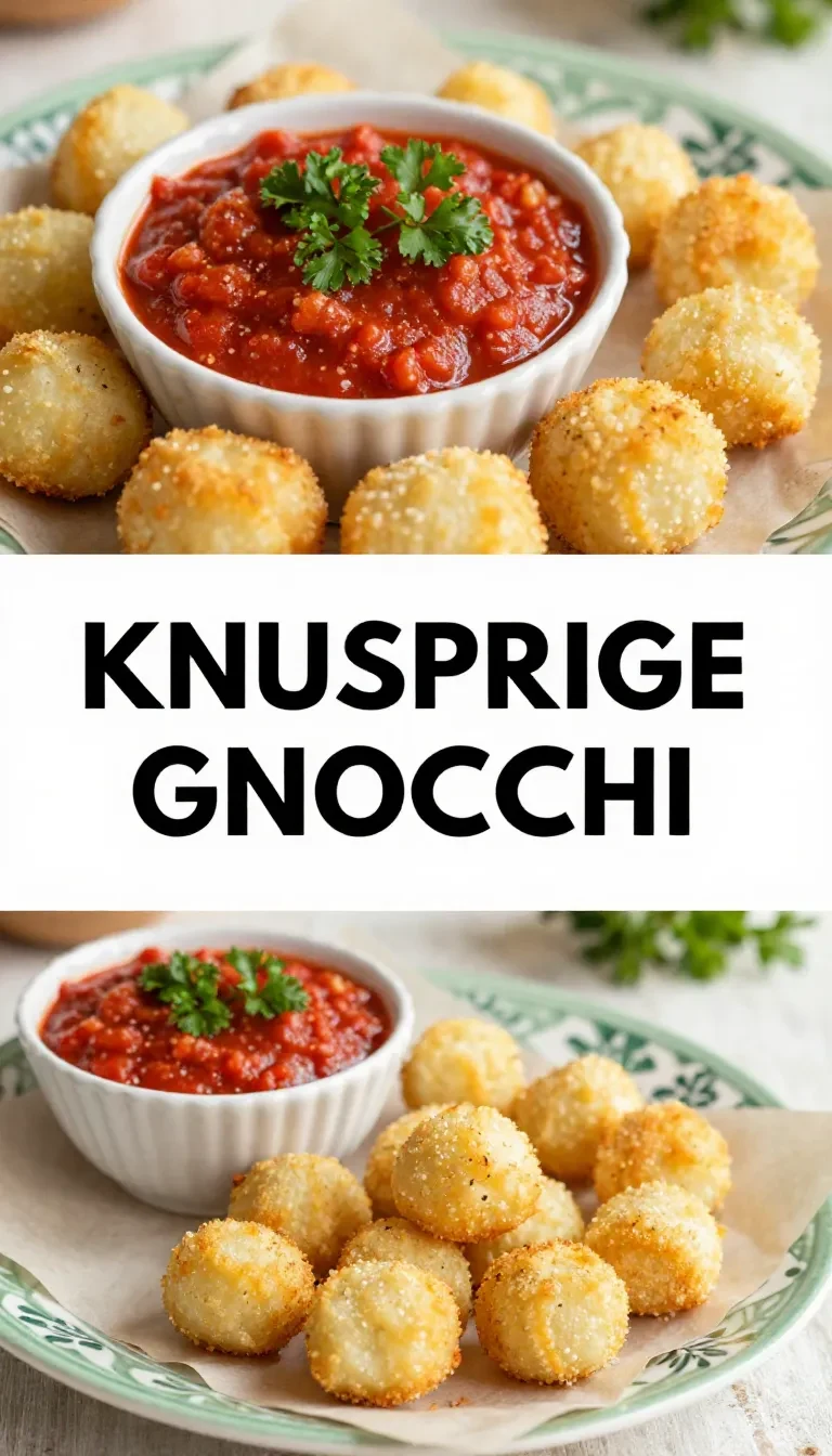 Knusprige Gnocchi aus der Heißluftfritteuse auf einem weißen Teller serviert.