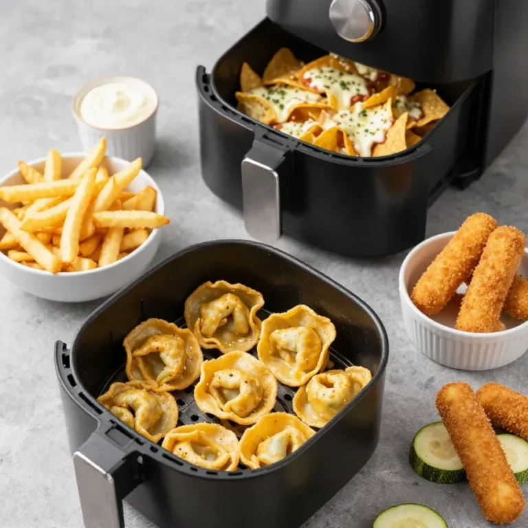 Verschiedene Snacks, die im Airfryer zubereitet wurden, auf einem Tisch angerichtet