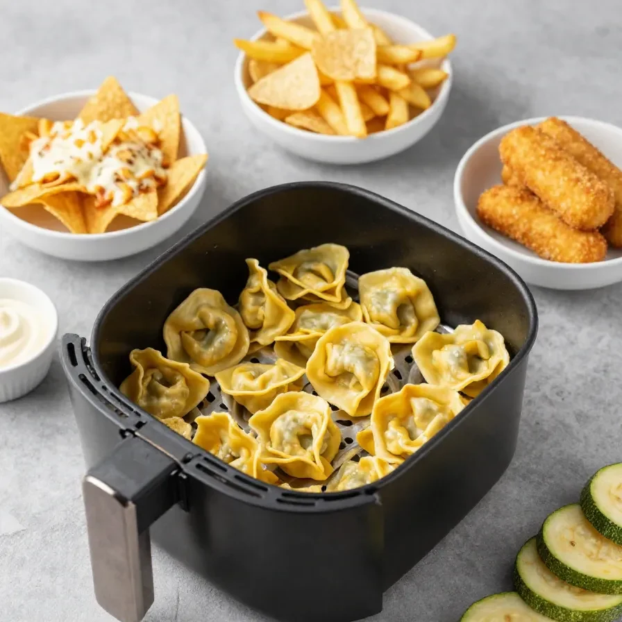 Verschiedene Snacks, die im Airfryer zubereitet wurden, auf einem Tisch angerichtet