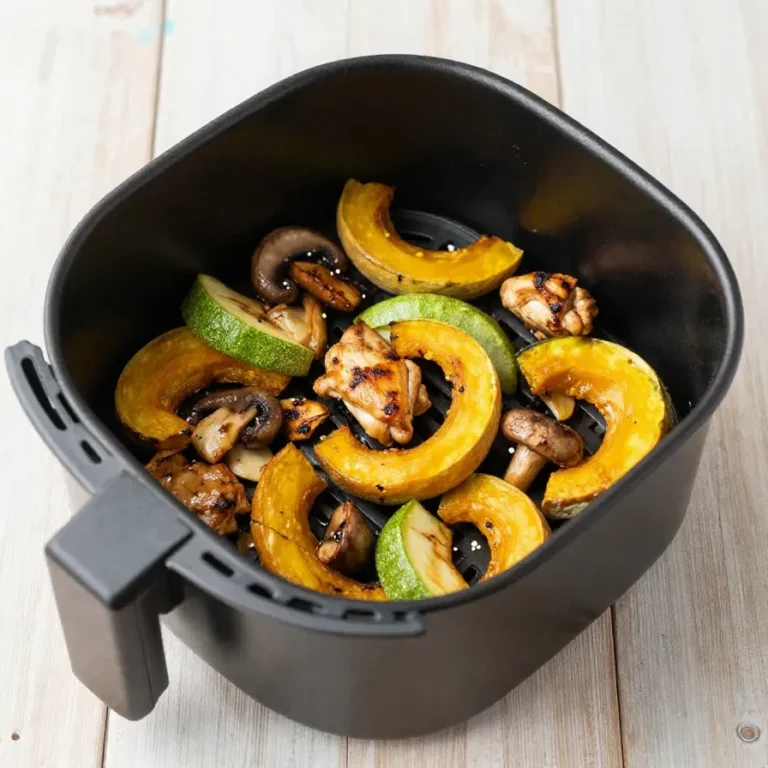 Nahaufnahme von Hibachi-Hähnchen und Gemüse, zubereitet in einer Airfryer.