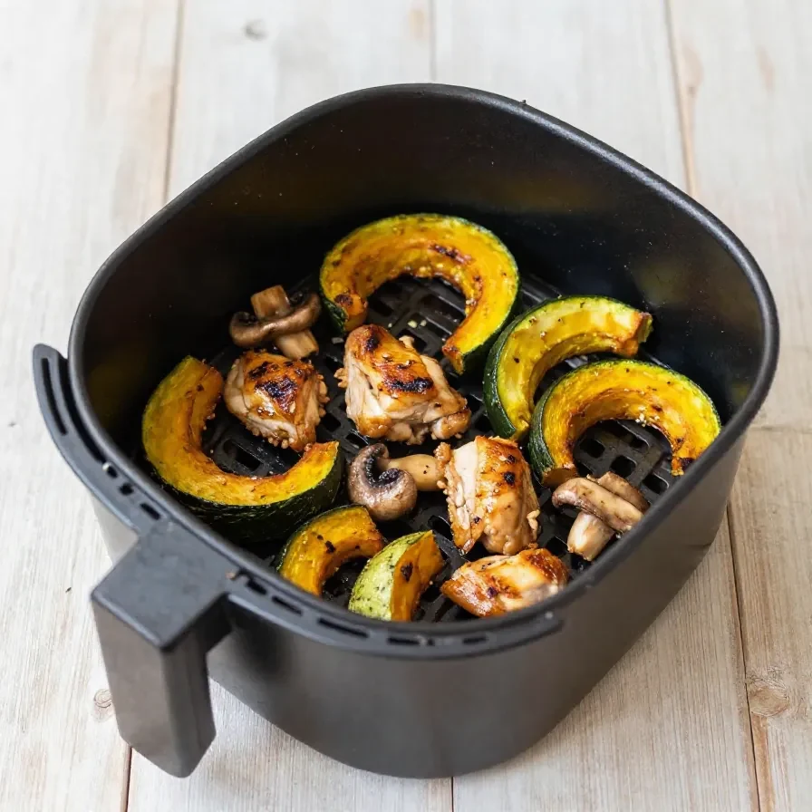 Nahaufnahme von Hibachi-Hähnchen und Gemüse, zubereitet in einer Airfryer.