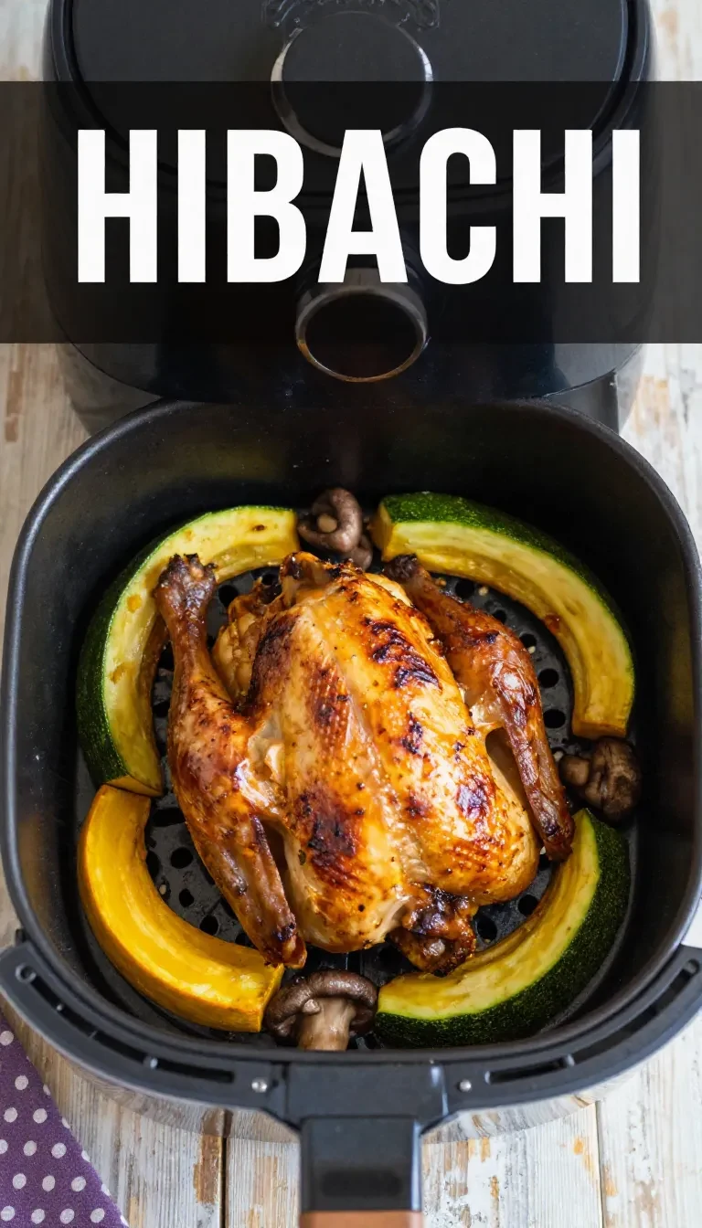 Nahaufnahme von Hibachi-Hähnchen und Gemüse, zubereitet in einer Airfryer.