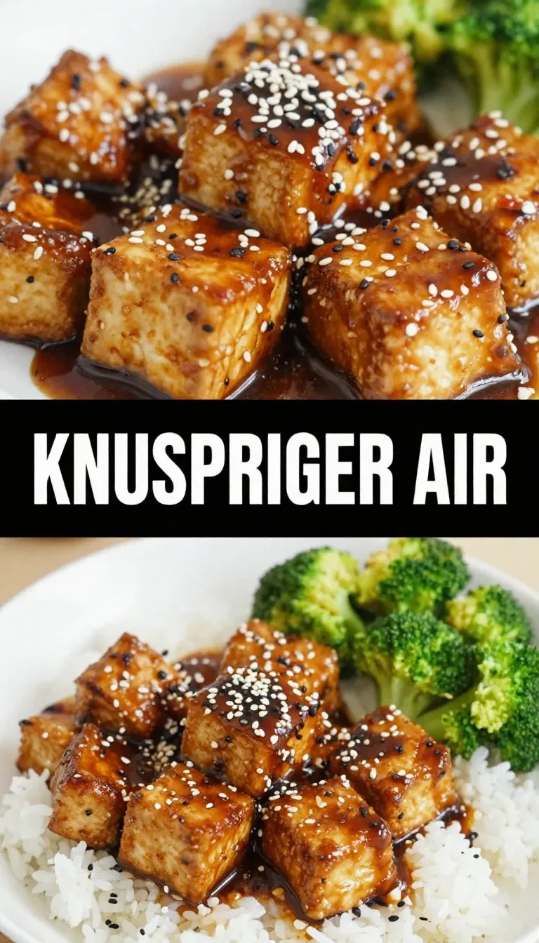 Knusprige Tofuwürfel aus der Heißluftfritteuse mit Honig-Knoblauch-Glasur auf einem weißen Teller serviert
