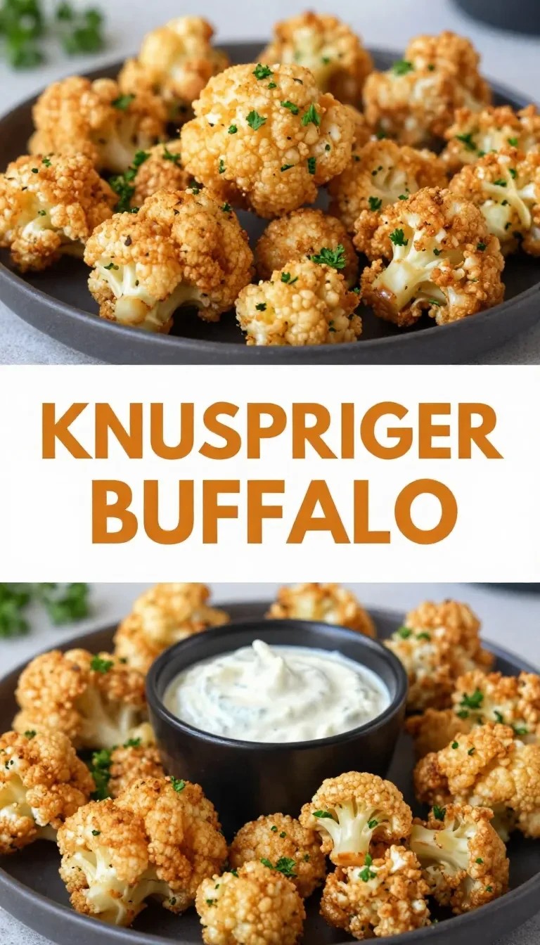 Nahaufnahme von knusprigem Buffalo-Blumenkohl zubereitet in der Heißluftfritteuse, serviert auf einem weißen Teller.