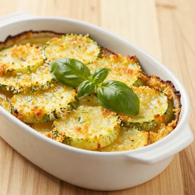 Ein frisch gebackenes Kartoffel-Zucchini-Gratin nach einem Rezept von Johann Lafer, serviert in einer Auflaufform.