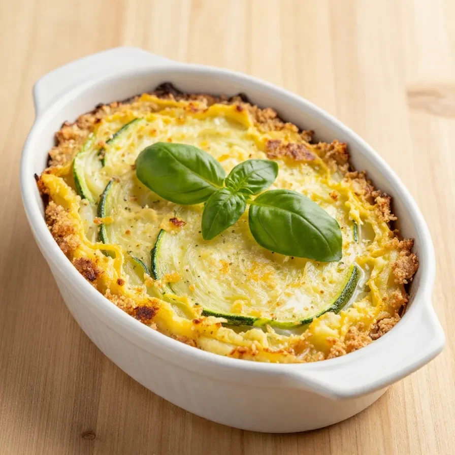 Ein frisch gebackenes Kartoffel-Zucchini-Gratin nach einem Rezept von Johann Lafer, serviert in einer Auflaufform.