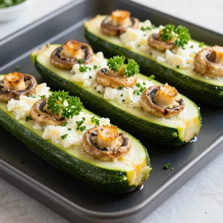 Gefüllte Zucchini mit Champignons und Käse überbacken, serviert auf einem weißen Teller.