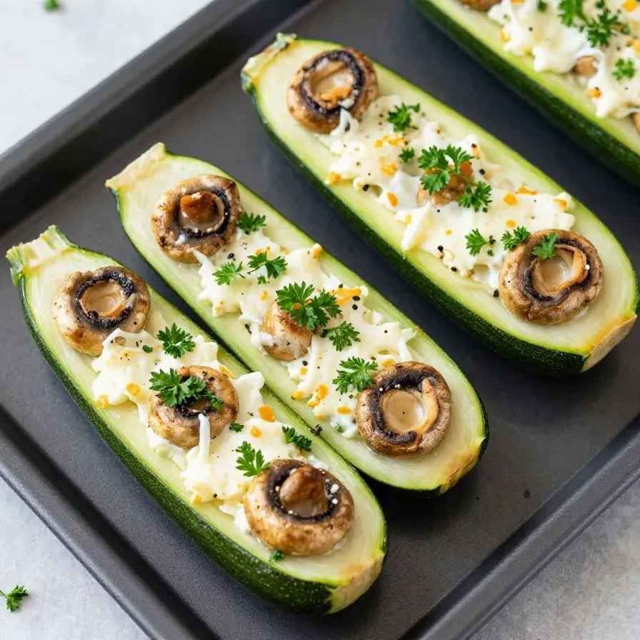 Gefüllte Zucchini mit Champignons und Käse überbacken, serviert auf einem weißen Teller.