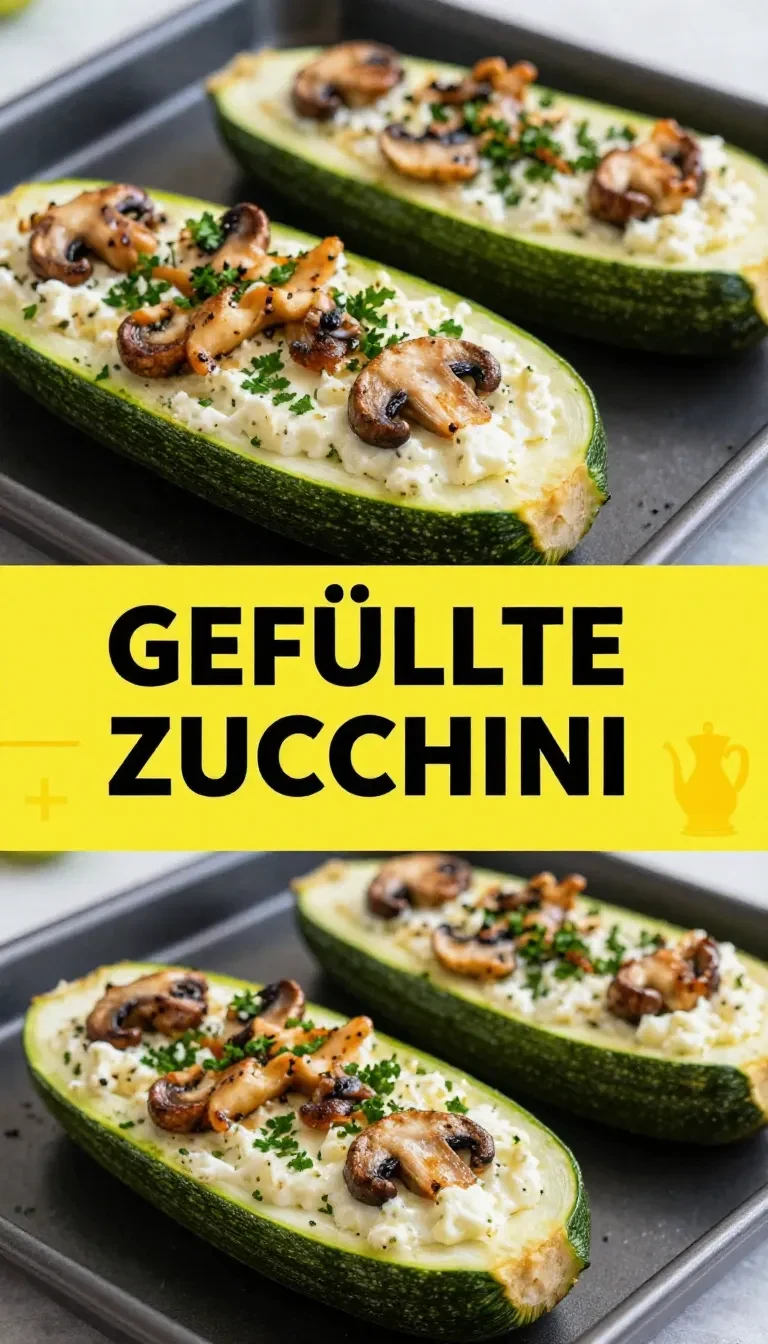 Gefüllte Zucchini mit Champignons und Käse überbacken, serviert auf einem weißen Teller.