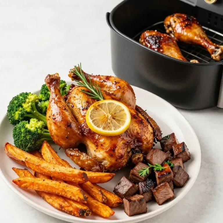 Ninja Foodi Air Fryer mit knusprigen Pommes und Hähnchenschenkeln auf einer Küchenarbeitsplatte