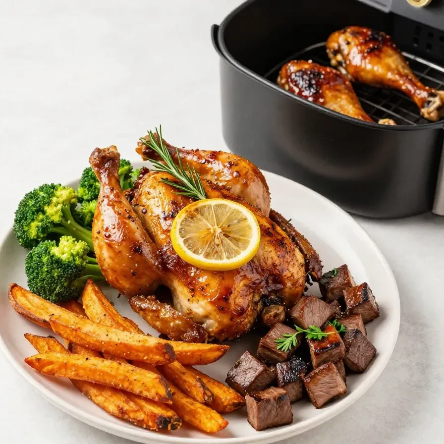 Ninja Foodi Air Fryer mit knusprigen Pommes und Hähnchenschenkeln auf einer Küchenarbeitsplatte