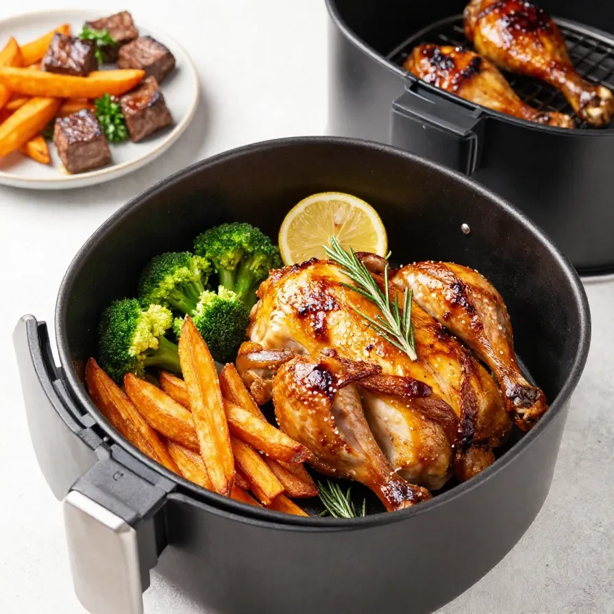 Ninja Foodi Air Fryer mit knusprigen Pommes und Hähnchenschenkeln auf einer Küchenarbeitsplatte